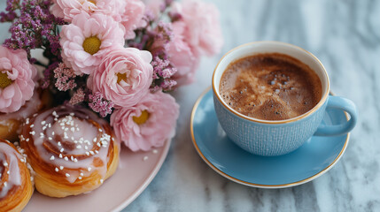 Aesthetic Instagram-style coffee flat lay with pastries and flowers.
