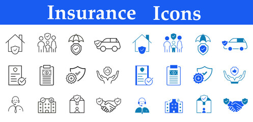 Insurance assurance flat and line icon set. Financial security, personal, property insurance, risk management, legal coverage, medical, life, car, home icons. Editable vector illustration