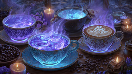 Fantasy coffee tavern scene with magical glowing drinks.