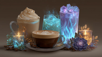 Fantasy coffee tavern scene with magical glowing drinks.