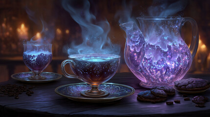 Fantasy coffee tavern scene with magical glowing drinks.