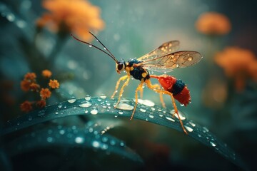 Colorful Ichneumon Wasp Landing on Dewy Grass Blade in Macro Shot