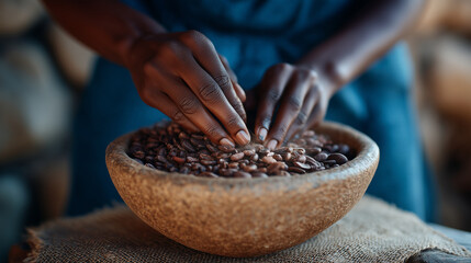 Hand grinding coffee beans in a traditional manual grinder.