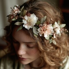 Naklejka premium Woman with Peach and Cream Flower Crown