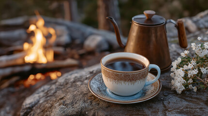 Coffee served in nature a campfire scene with brewing tools.