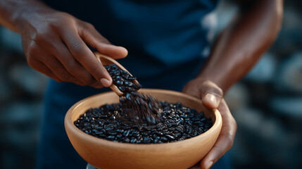 Hand grinding coffee beans in a traditional manual grinder.