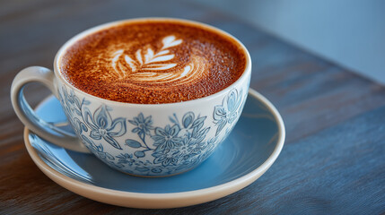 Close-up of a cappuccino with intricate latte art.