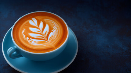 Close-up of a cappuccino with intricate latte art.
