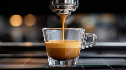 Espresso shot being pulled from a vintage coffee machine.
