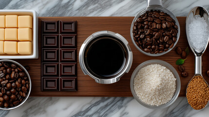 Flat lay of specialty coffee beans with tools and ingredients.