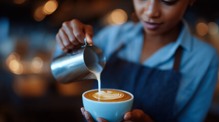 Artisan barista preparing latte art in a cozy cafÃ©.
