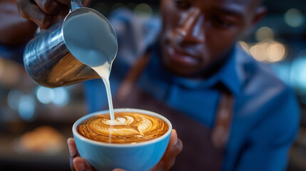 Young barista pouring milk into espresso, creating heart-shaped latte art, with blurred background of a bustling cafÃ©.