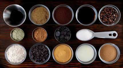Flat lay of specialty coffee beans with tools and ingredients.