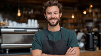 A smiling barista in an apron standing behind a vintage espresso machine in a rustic cafe interior.