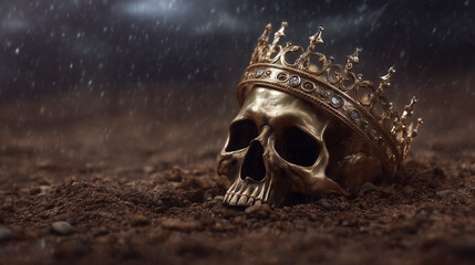 Haunting skull with aged crown resting in ashes on dark moody background.