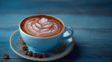 Close-up of a cappuccino with intricate latte art.