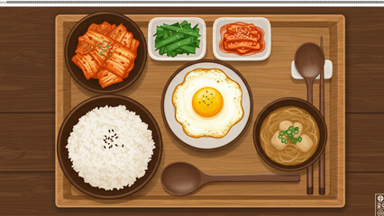 Korean Meal Tray: A beautifully arranged tray features a traditional Korean meal with a variety of side dishes and main course. capturing the essence of Korean culinary excellence.