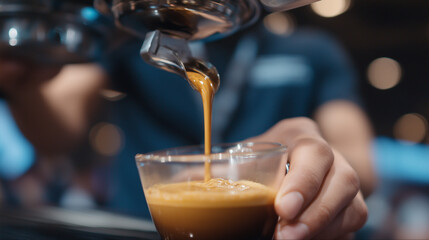 Barista competition scene with judges watching, barista pulling a perfect espresso shot on a La Marzocco machine. Slow-motion capture of espresso pouring into a cup from a dual-gro