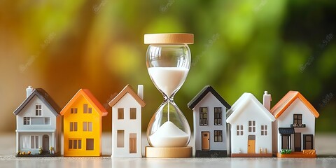 
Miniature figures of houses and sand hourglass. Mortgage and loan concept. Temporary rental housing and residence permit. Time to pay taxes and bills. Realtor services for a quick search for options.