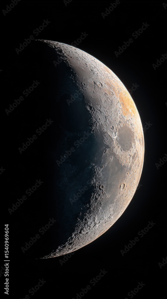 Poster stunning photo of crescent of a young moon with a large increase. moon, view through a telescope. th