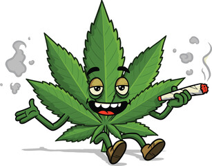 Happy Cannabis Leaf Cartoon Character Smoking Joint, Illustrating Relaxed Marijuana Culture and Recreational Use Concepts
