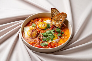 A delightful breakfast meal featuring poached eggs nestled in a rich tomato and spice mixture, garnished with fresh cilantro and served with toasted bread, perfect for a comforting morning