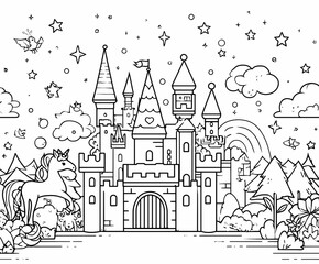 Magical Unicorn and Castle Fantasy Coloring Pages for Kids