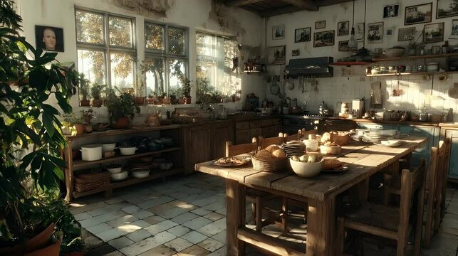 Rustic Kitchen Scene with Prepared Table, Sunlight, and Vintage Decor