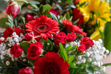 A close-up of a red gerbera flower tied in a bouquet. Gerbera, flower, red, 