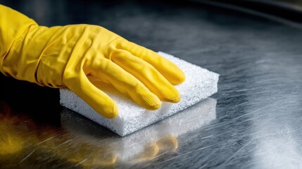 High-Quality Stock image of hand in yellow gloves is cleaning with a white sponge on a shiny metal surface.