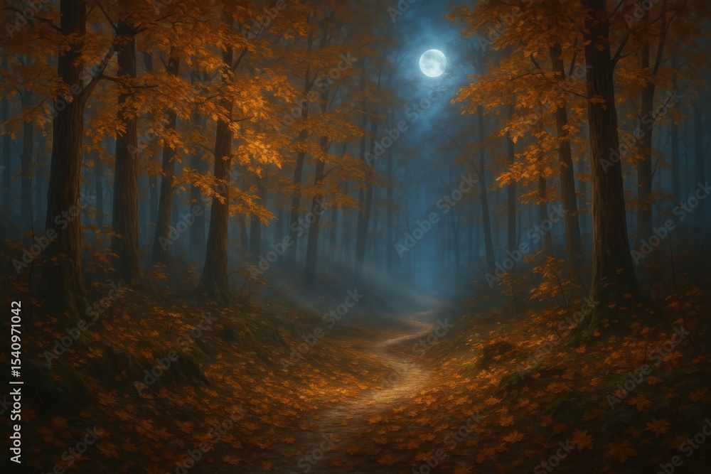 Poster enchanted autumn forest path illuminated by soft moonlight with mysterious atmospheric fog