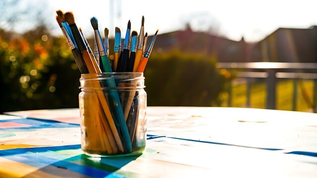 A jar filled with paint brushes sitting on a colorful table in an outdoor setting