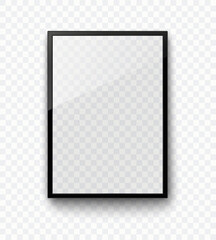 Screen or photo frame isolated on transparent background. Realistic vertical picture, photograph border. Vector glass black photoframe, tablet display