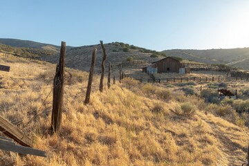Rustic barn and weathered fence stand in a golden field in Carrizo Plain National Monument,...