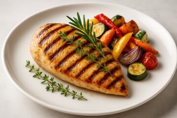 Gourmet grilled chicken breast presentation with herbs and elegant plating on fine china