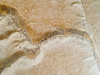 Aerial view of a dry, arid landscape in  Carrizo Plain National Monument, California, USA. The image shows a network of dirt roads and trails winding through the sparse vegetation.