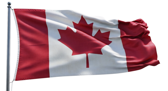 Vibrant Canadian flag waving proudly, isolated on white & transparent background, ideal for Canada Day celebrations, national identity promotions, travel brochures, news, immigration services,