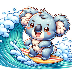 Koala Surfing the Wave: A charming cartoon koala catches a wave on a surfboard, experiencing the thrill of riding the ocean. A joyous, playful scene!