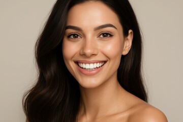 Fototapeta premium Professional beauty portrait featuring brunette model with white smile and healthy hair showcasing dental and skincare