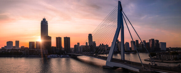 Panoramic view of Erasmus Erasmusbrug bridge in Rotterdam . Financial business district skyline.