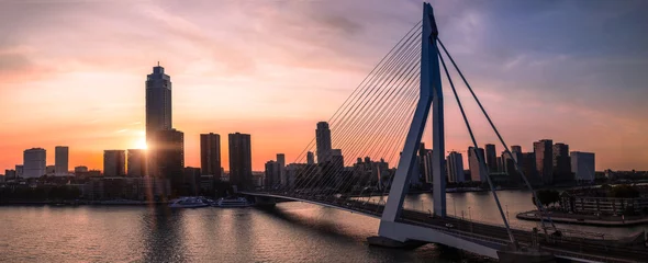 Gordijnen Rotterdam Panoramic view of Erasmus Erasmusbrug bridge in Rotterdam . Financial business district skyline.  © eskystudio