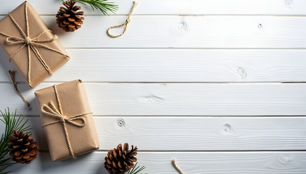 Two parcels wrapped in brown paper and tied with twine, surrounded by pine branches and pine cones on a white wooden background