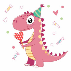 Delightful Funny Trex dinosaur in a Birthday scene with holding a heart – Candy Shop vector illustration