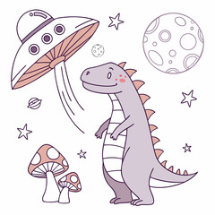 SVG art: A Gentle Trex dinosaur in a Space explorer vibe with under a mushroom, tinted with Cosmic Pastels tones