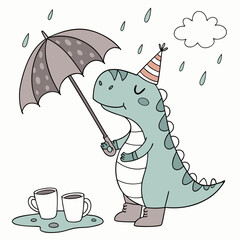Vector illustration of a Relaxed Trex dinosaur with wearing a party hat, styled in a Rainy day theme using Raindrop Calm colors