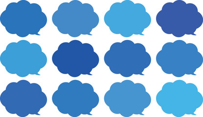青い雲の形をしたモコモコの吹き出しセット。田１２色の青色のふきだし。使いやすいセット。