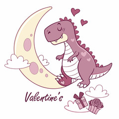 Valentine Blush themed SVG: Mischievous Trex dinosaur with sitting on a moon in a Valentine environment