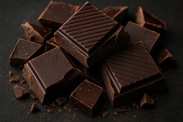 Artisanal chocolate bar pieces with hand-cut segments displaying rich cocoa texture and premium quality