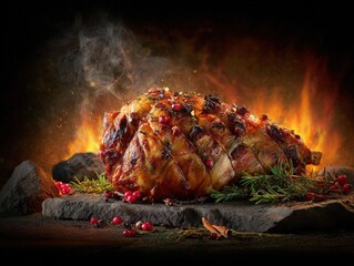 Juicy Roast Lamb Shank With Rich Herbs and Fire in Background