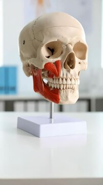 Detailed anatomical model showcasing human skull with highlighted chewing muscles in a medical education setting on white stand